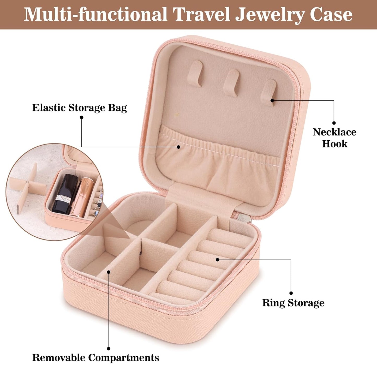 Premium Velvet Travel Jewelry Organizer Box (Blush Pink)