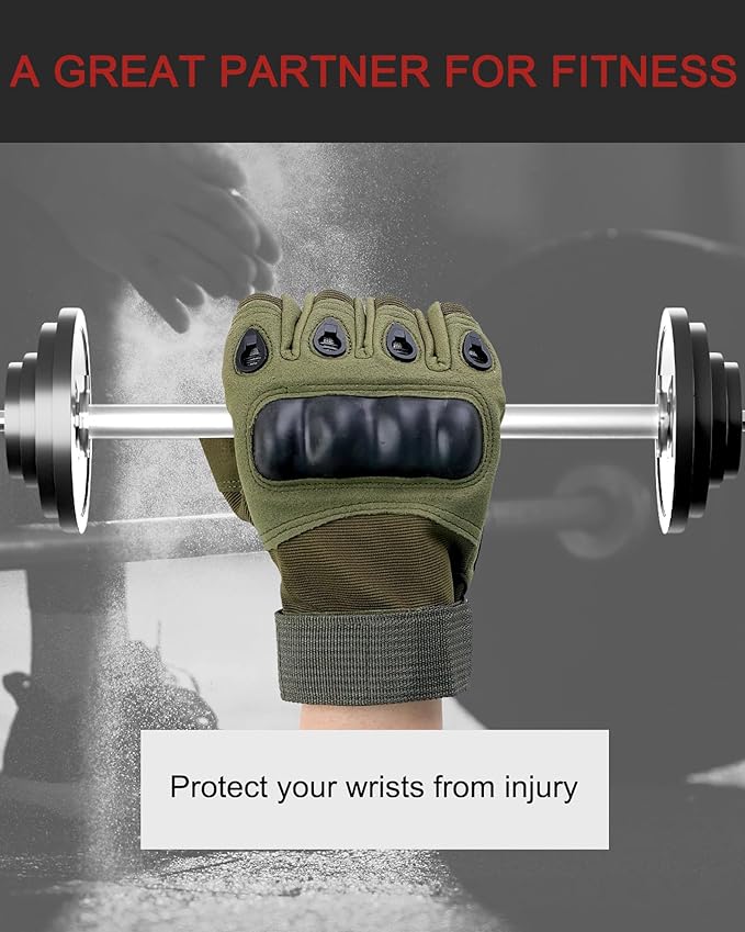 Tactical Half Finger Gloves – Hard Knuckle Sports & Outdoor Gym Gloves | Hiking, Cycling, Boxing, Motorcycle Riding, Shooting | Green