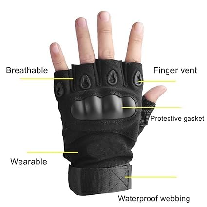 Tactical Half Finger Gloves – Hard Knuckle Sports & Outdoor Gym Gloves | Hiking, Cycling, Boxing, Motorcycle Riding, Shooting | Black