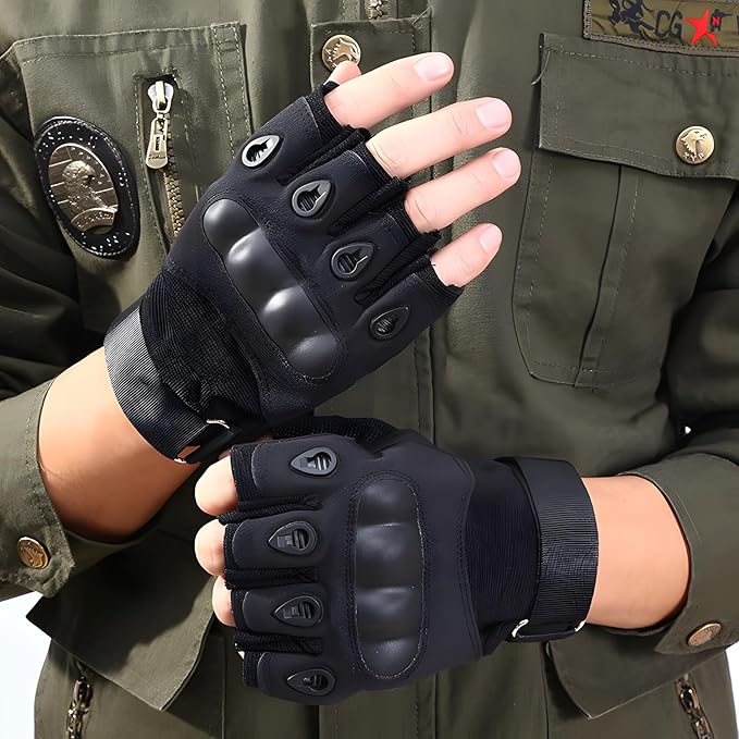 Tactical Half Finger Gloves – Hard Knuckle Sports & Outdoor Gym Gloves | Hiking, Cycling, Boxing, Motorcycle Riding, Shooting | Black